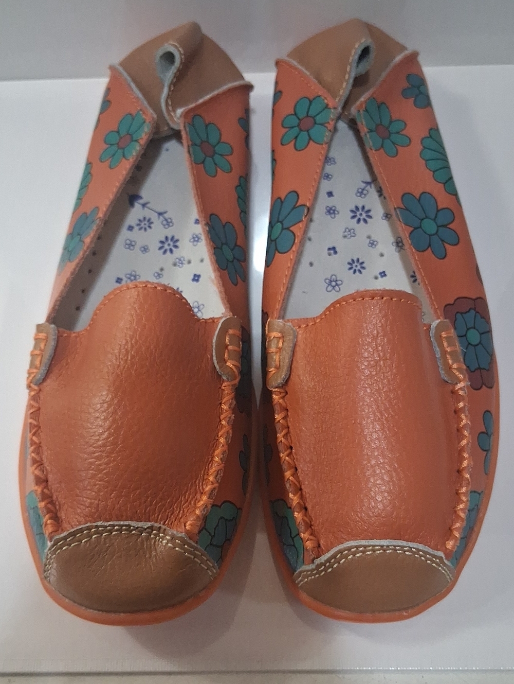 Socofy orange flowered bohemian leather Orange Floral Moccasin Loafers
